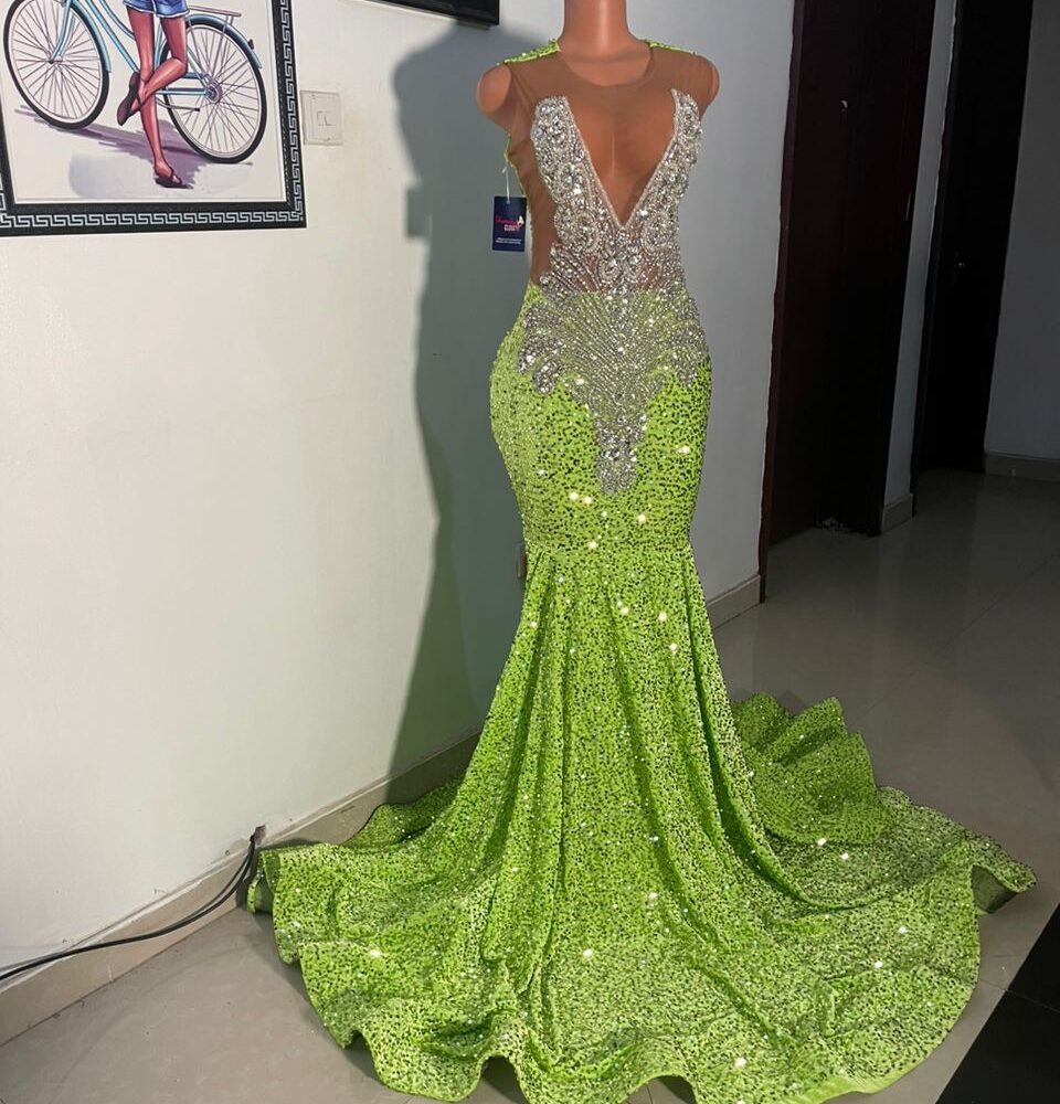 Lemon Green Sequins Prom Dress